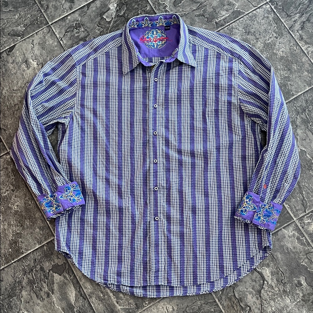 ROBERT GRAHAM Blue & Purple Abstract Striped Men's Shirt Office Maximalism